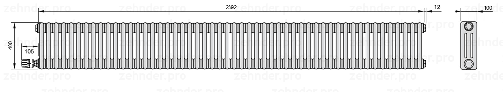 Схема (чертеж) Радиатор Zehnder Charleston 3040/52 №V003 Белый глянцевый RAL 9016